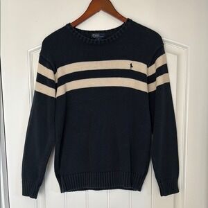Vintage Polo Ralph Lauren Blue Cream Striped Crewneck Sweater Men's‎ Size Large